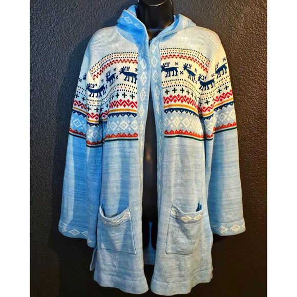 Vintage 1980s Monarch Knits Hooded Cardigan Sweater Winter Reindeer Medium - Picture 1 of 8
